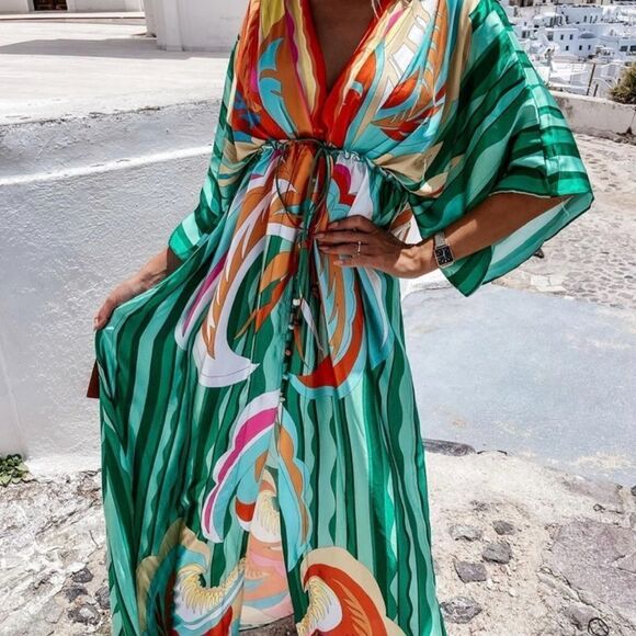 Flax Maker‎ V-neck Short Sleeve Printed Dress Green NWT IN PACKAGE - Picture 5 of 8